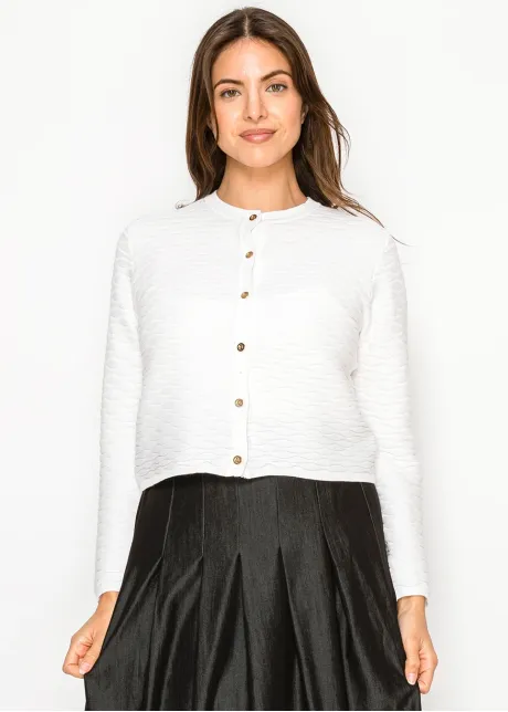 White Textured Knit Cardigan with Gold Button
