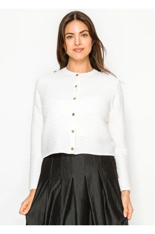 White Textured Knit Cardigan with Gold Button
