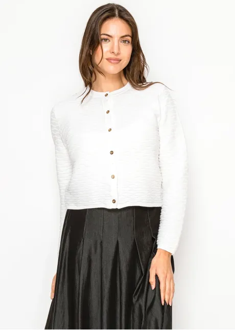 White Textured Knit Cardigan with Gold Button