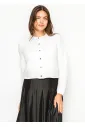 White Textured Knit Cardigan with Gold Button