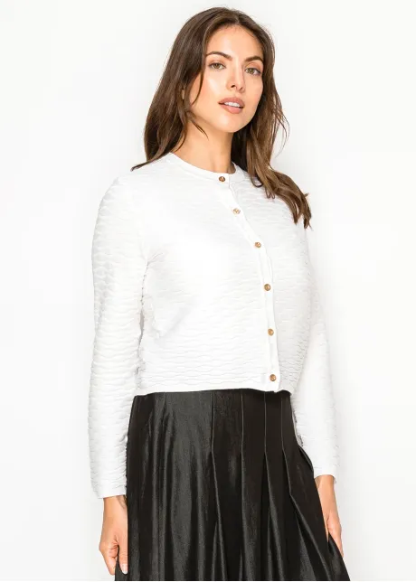 White Textured Knit Cardigan with Gold Button