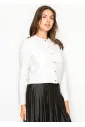 White Textured Knit Cardigan with Gold Button