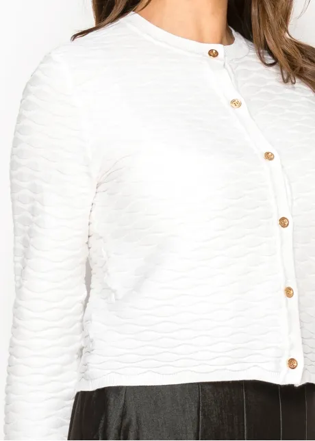 White Textured Knit Cardigan with Gold Button