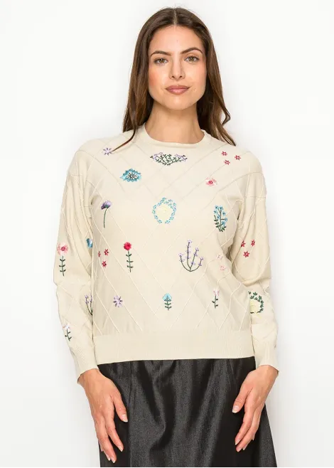 Refined Floral Embroidered Knit in Beige