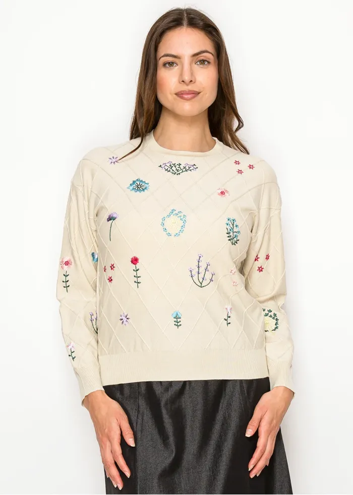 Refined Floral Embroidered Knit in Beige