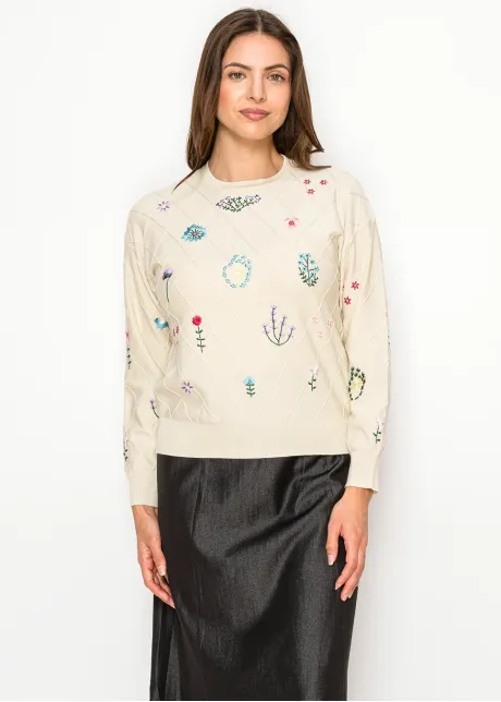 Refined Floral Embroidered Knit in Beige