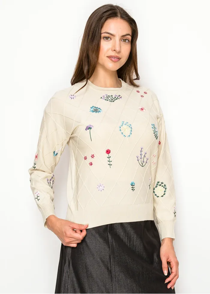 Refined Floral Embroidered Knit in Beige