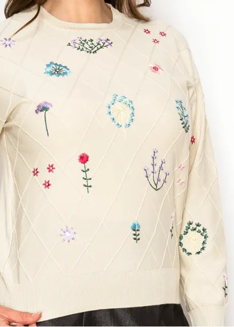 Refined Floral Embroidered Knit in Beige