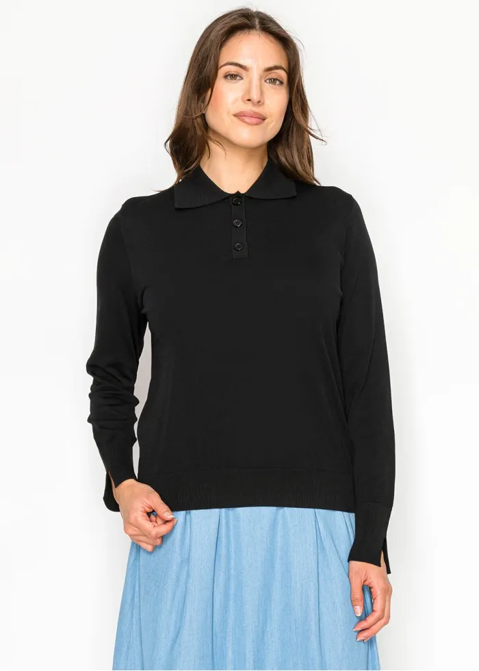Classic Black Long Sleeve Knit Polo