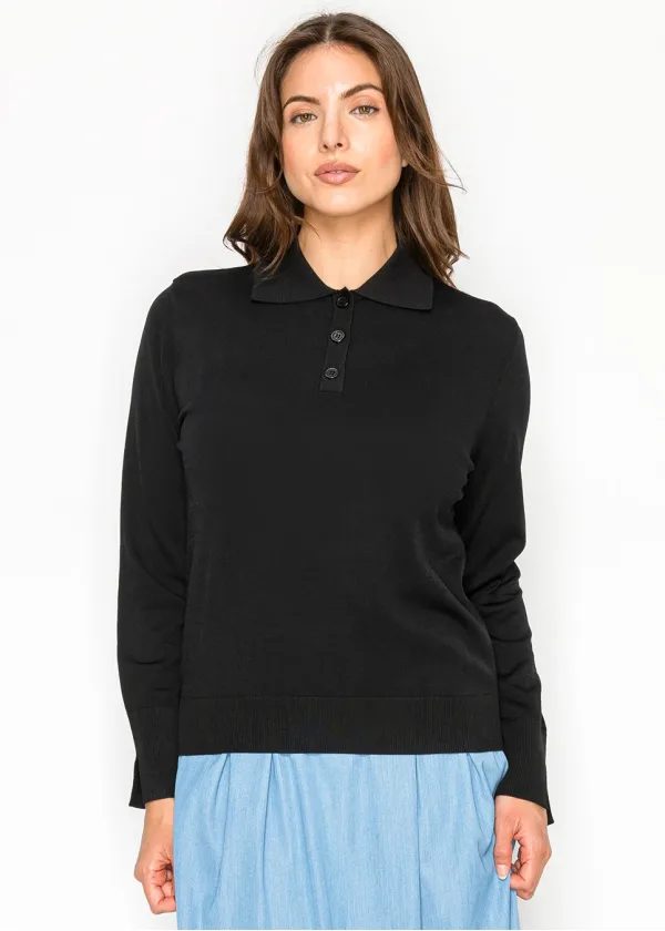 Classic Black Long Sleeve Knit Polo