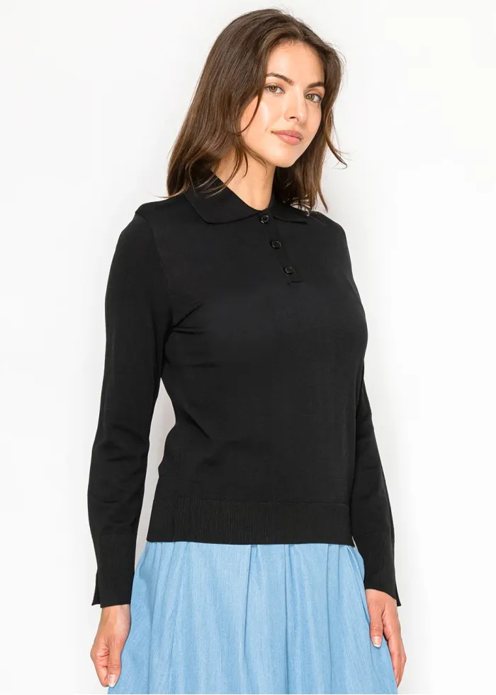 Classic Black Long Sleeve Knit Polo