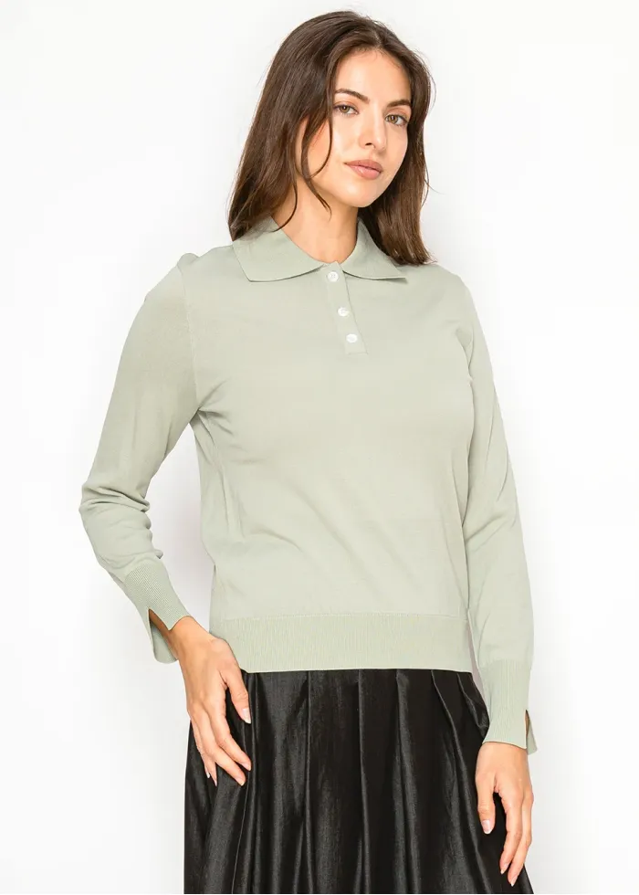 Sage Green Knit Polo Sweater