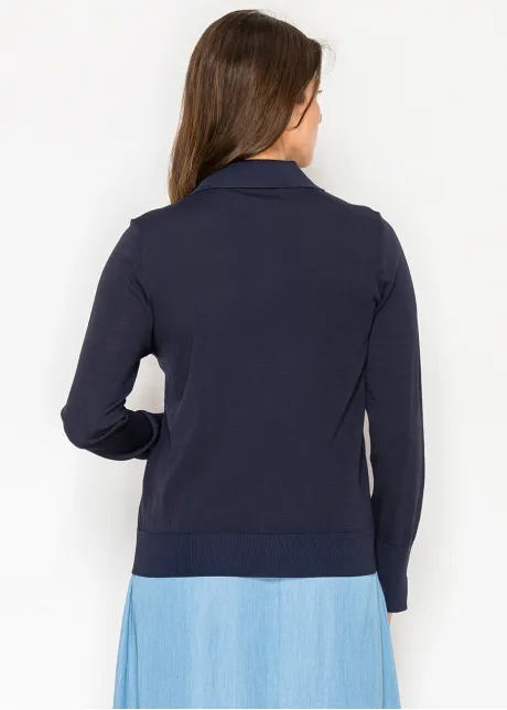 Navy Button-Front Collared Knit Sweater