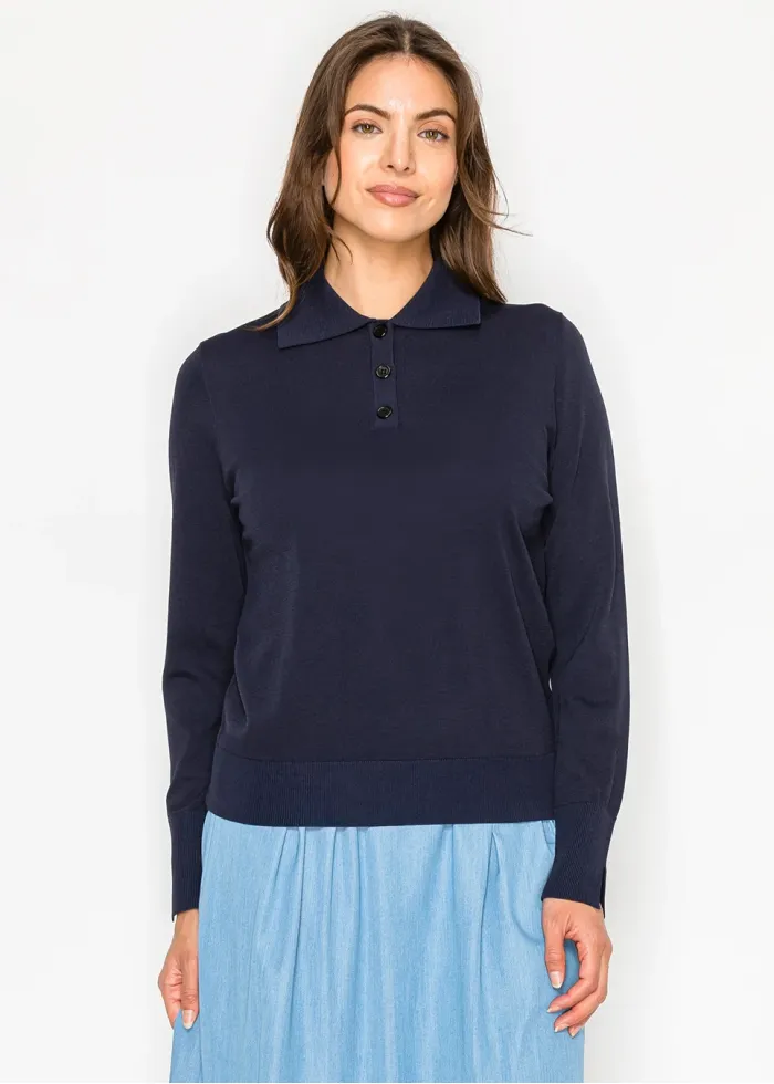 Navy Button-Front Collared Knit Sweater