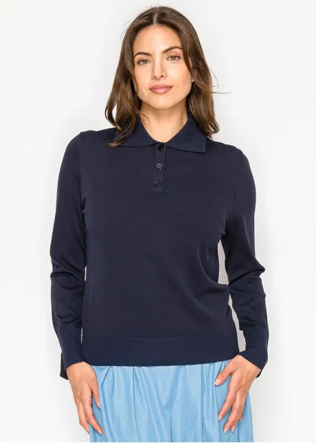 Navy Button-Front Collared Knit Sweater