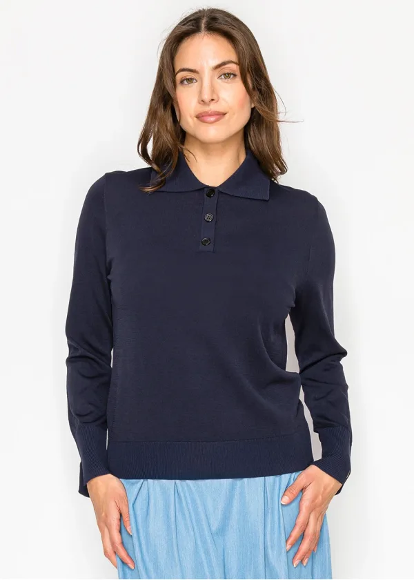 Navy Button-Front Collared Knit Sweater