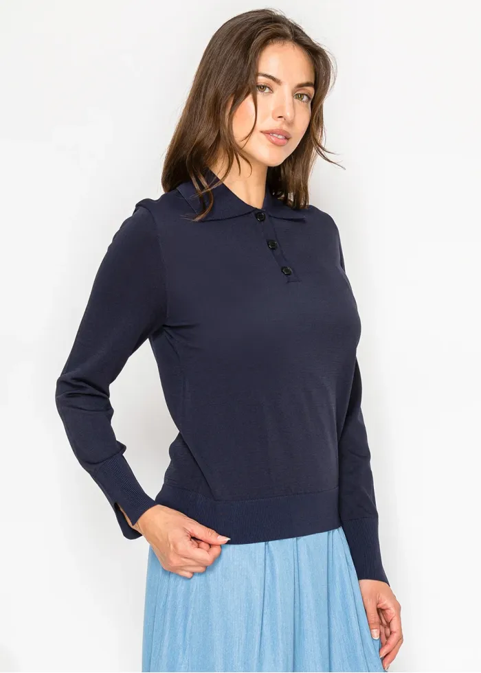 Navy Button-Front Collared Knit Sweater