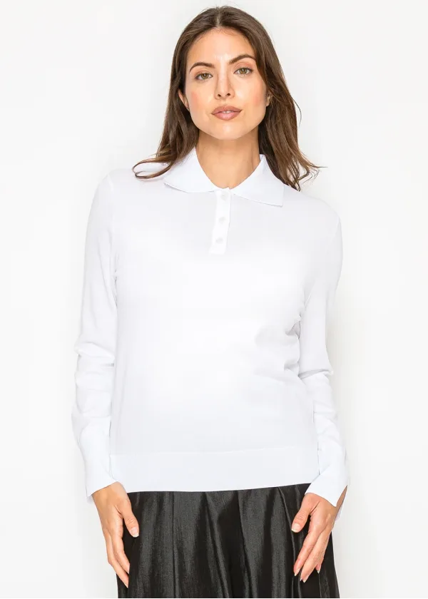 White Knit Polo Sweater