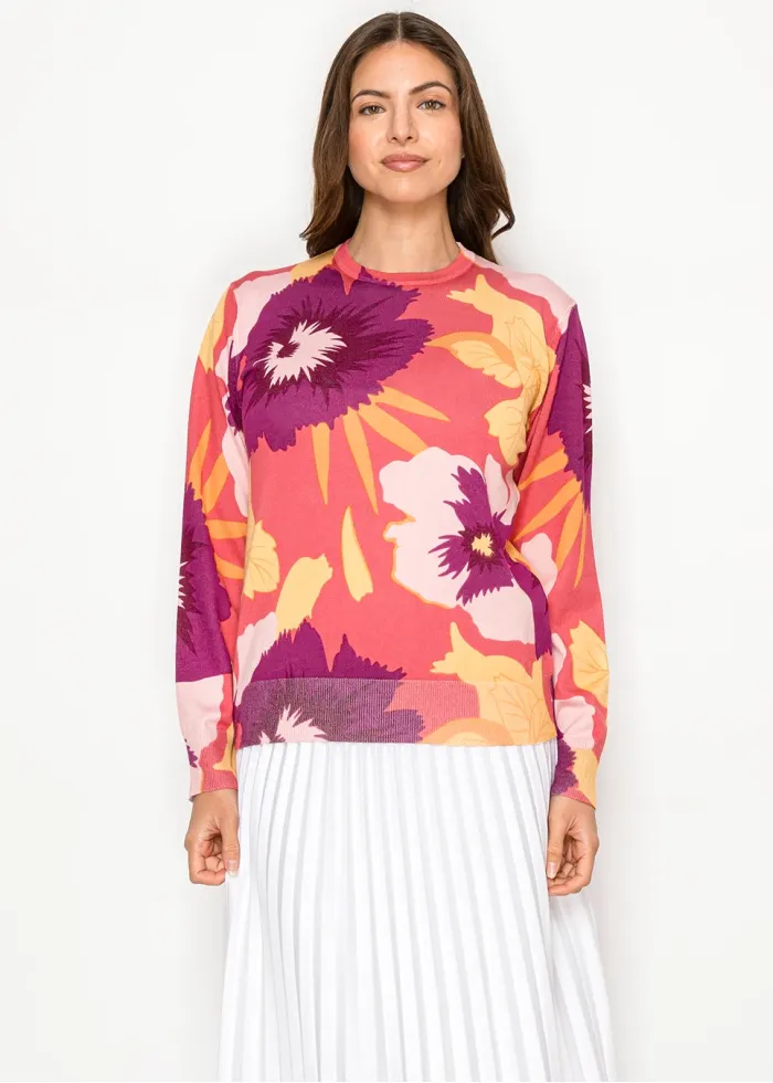 Coral & Burgundy Bold Floral Knit Sweater