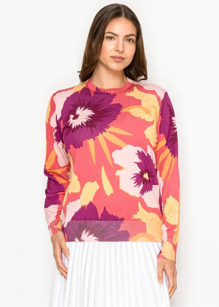 Coral & Burgundy Bold Floral Knit Sweater