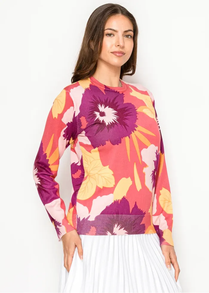 Coral & Burgundy Bold Floral Knit Sweater