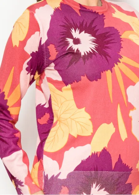 Coral & Burgundy Bold Floral Knit Sweater