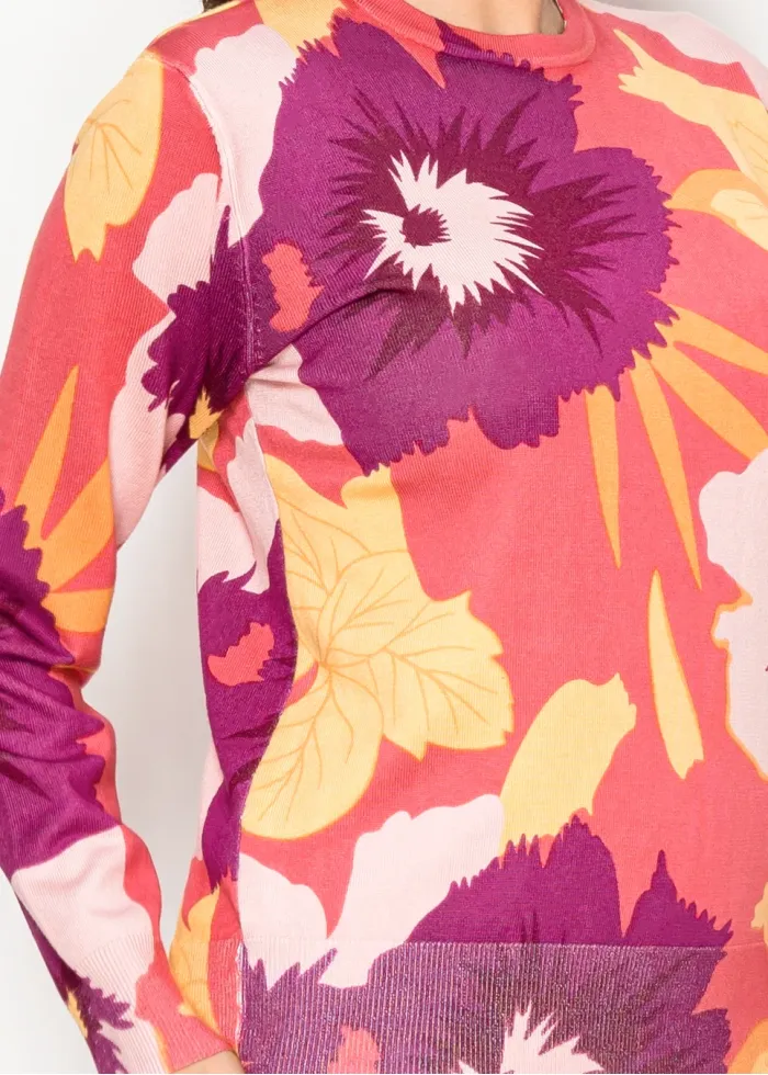Coral & Burgundy Bold Floral Knit Sweater