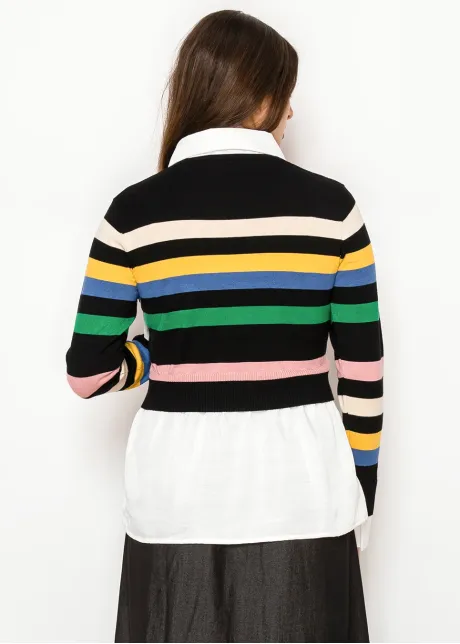 Striped Knit Top with Attached Shirt Detail