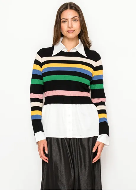 Striped Knit Top with Attached Shirt Detail