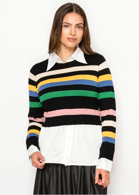 Striped Knit Top with Attached Shirt Detail