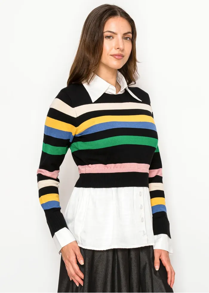 Striped Knit Top with Attached Shirt Detail