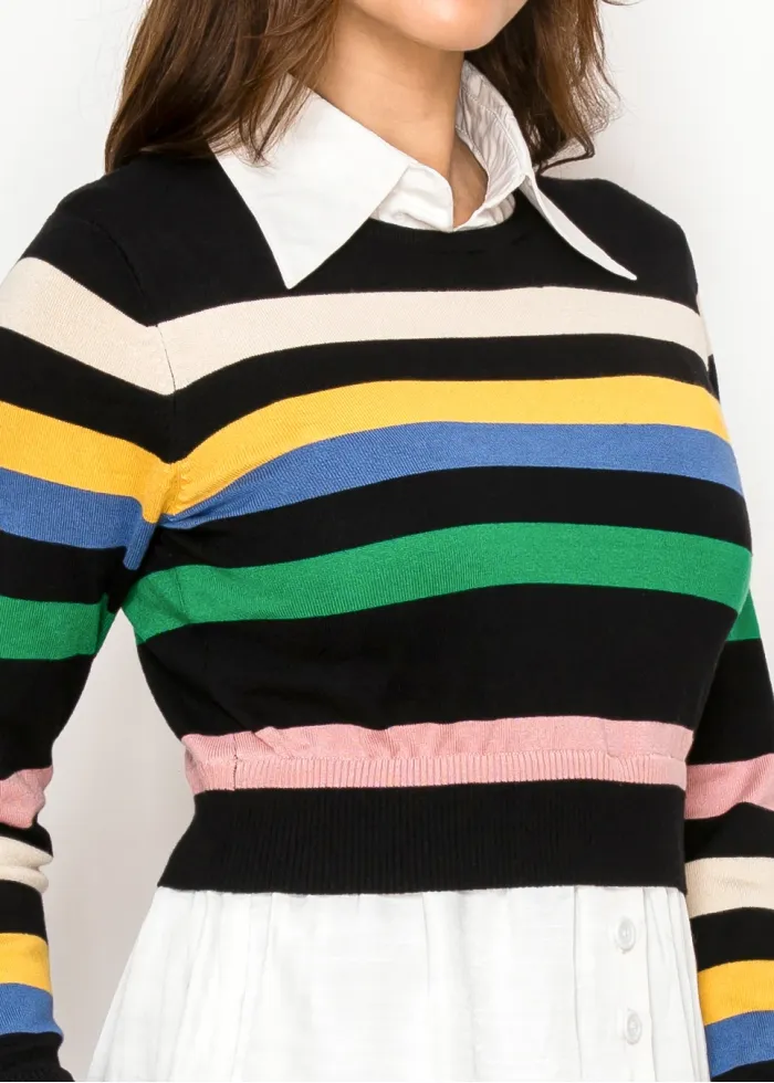 Striped Knit Top with Attached Shirt Detail