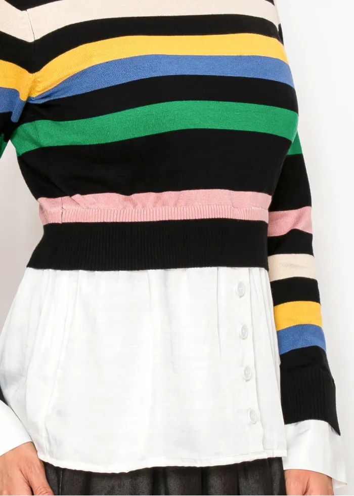 Striped Knit Top with Attached Shirt Detail