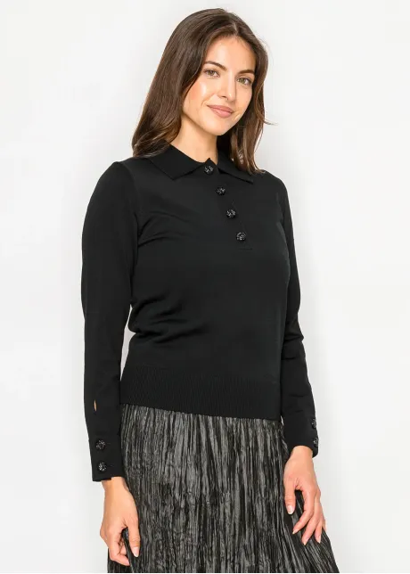 Black Collared Knit Top with Button Detail