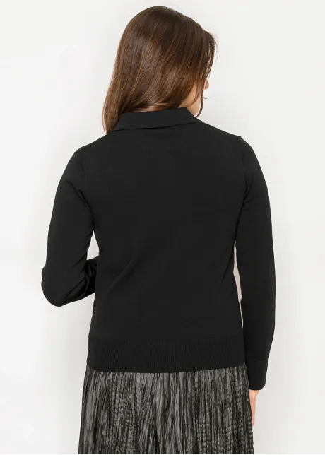 Black Collared Knit Top with Button Detail