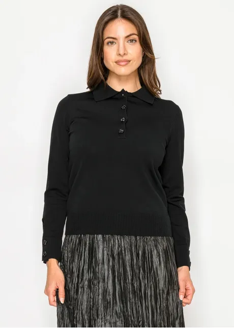 Black Collared Knit Top with Button Detail
