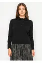 Black Collared Knit Top with Button Detail