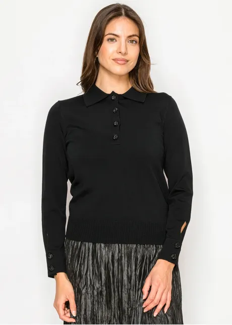 Black Collared Knit Top with Button Detail
