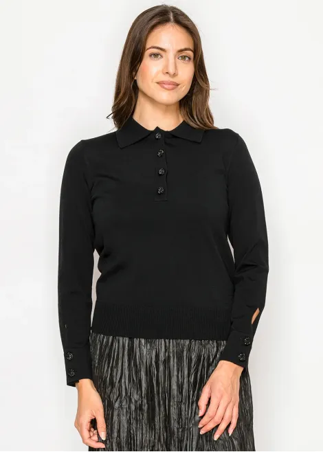 Black Collared Knit Top with Button Detail