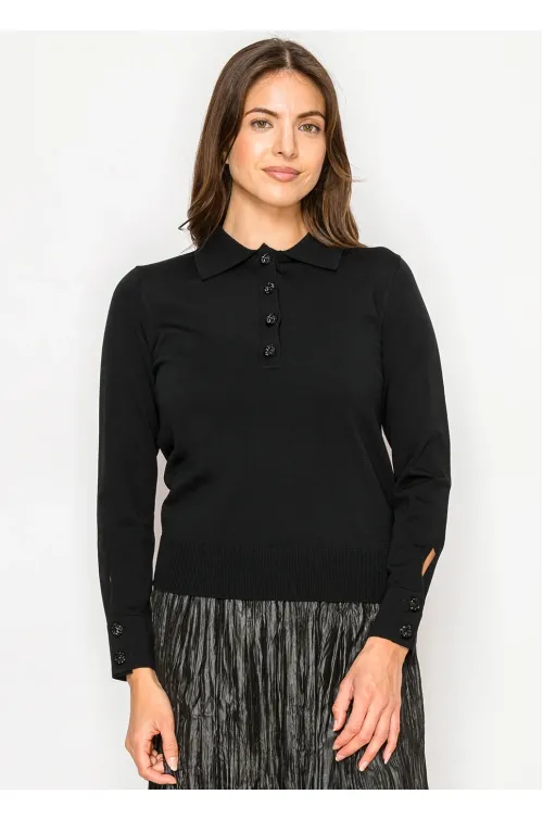 Black Collared Knit Top with Button Detail