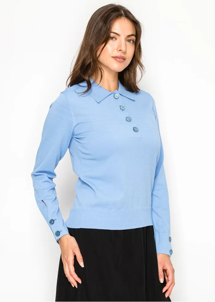 Blue Knit Top with Collar and Button Detail