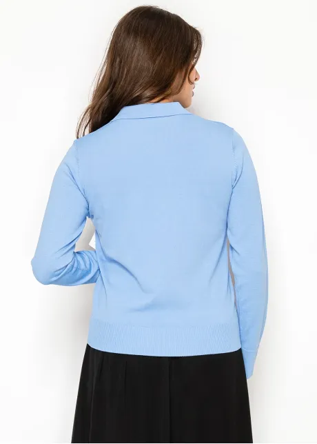 Blue Knit Top with Collar and Button Detail