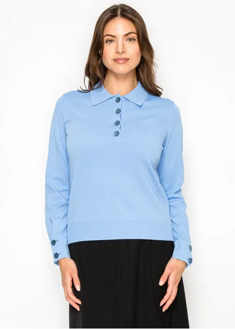 Blue Knit Top with Collar and Button Detail