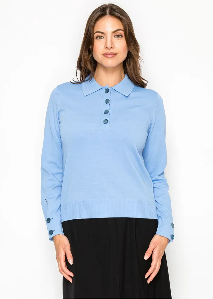 Blue Knit Top with Collar and Button Detail