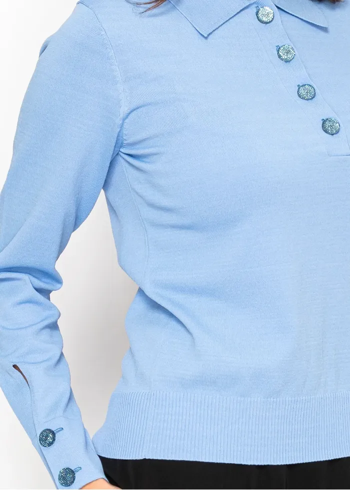 Blue Knit Top with Collar and Button Detail