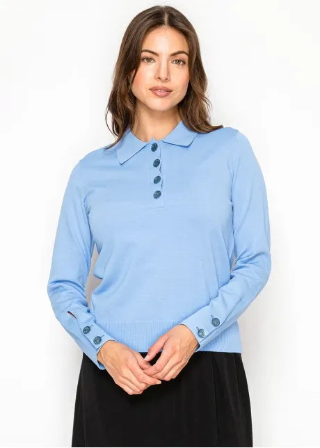 Blue Knit Top with Collar and Button Detail
