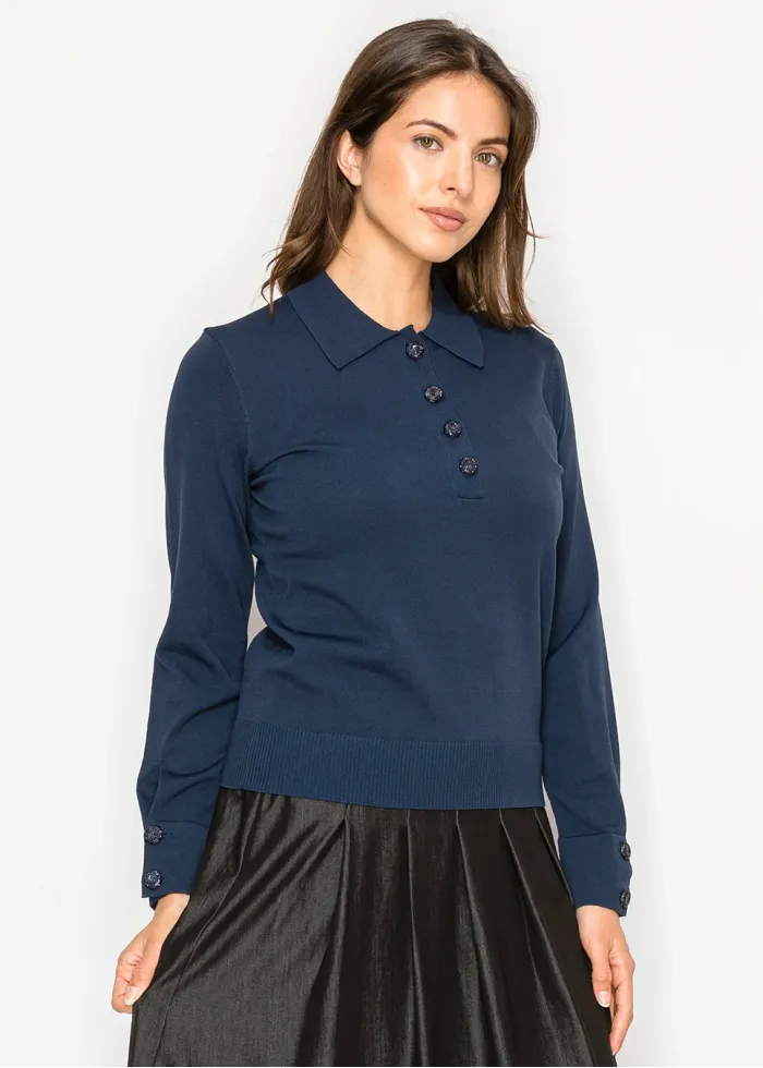 Polo collar knit sweater with button detail in navy