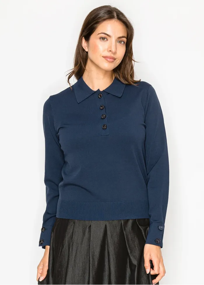 Polo collar knit sweater with button detail in navy