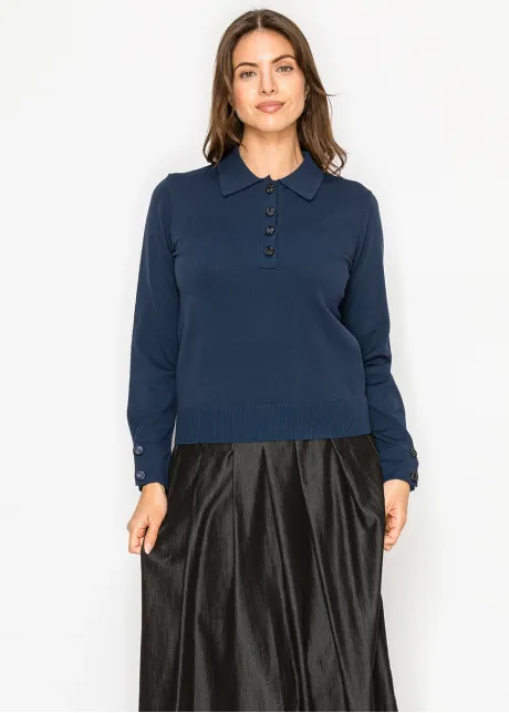 Polo collar knit sweater with button detail in navy