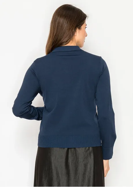 Polo collar knit sweater with button detail in navy